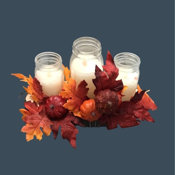THANKSGIVING MAPLE LEAF CENTERPIECE ARRANGEMENT WITH 3-CENTER CANDLES BATTERY OP - Picture 1 of 6